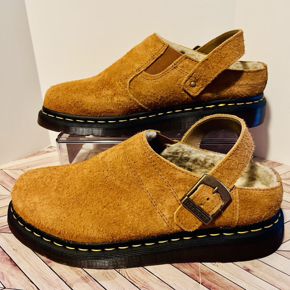 Dr Martens Isham Faux Shearling Suede Slingback Mule M 9 L 10 Pecan Brown Hairy - Picture 2 of 9